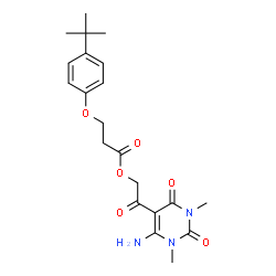 ChemSpider 2D Image | 2-(6-Amino-1,3-dimethyl-2,4-dioxo-1,2,3,4-tetrahydro-5-pyrimidinyl)-2-oxoethyl 3-[4-(2-methyl-2-propanyl)phenoxy]propanoate | C21H27N3O6