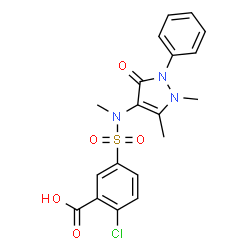 ChemSpider 2D Image | 2-Chloro-5-[(1,5-dimethyl-3-oxo-2-phenyl-2,3-dihydro-1H-pyrazol-4-yl)(methyl)sulfamoyl]benzoic acid | C19H18ClN3O5S