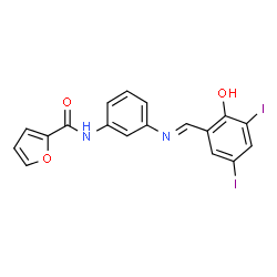ChemSpider 2D Image | N-{3-[(E)-(2-Hydroxy-3,5-diiodobenzylidene)amino]phenyl}-2-furamide | C18H12I2N2O3