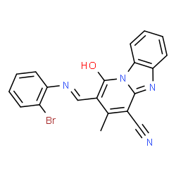 ChemSpider 2D Image | 2-{(E)-[(2-Bromophenyl)imino]methyl}-1-hydroxy-3-methylpyrido[1,2-a]benzimidazole-4-carbonitrile | C20H13BrN4O