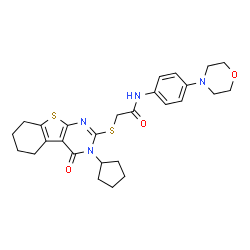 ChemSpider 2D Image | 2-[(3-Cyclopentyl-4-oxo-3,4,5,6,7,8-hexahydro[1]benzothieno[2,3-d]pyrimidin-2-yl)sulfanyl]-N-[4-(4-morpholinyl)phenyl]acetamide | C27H32N4O3S2