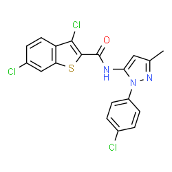 ChemSpider 2D Image | 3,6-Dichloro-N-[1-(4-chlorophenyl)-3-methyl-1H-pyrazol-5-yl]-1-benzothiophene-2-carboxamide | C19H12Cl3N3OS