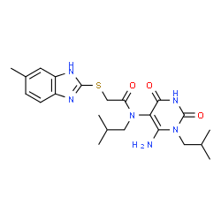 ChemSpider 2D Image | N-(6-Amino-1-isobutyl-2,4-dioxo-1,2,3,4-tetrahydro-5-pyrimidinyl)-N-isobutyl-2-[(6-methyl-1H-benzimidazol-2-yl)sulfanyl]acetamide | C22H30N6O3S