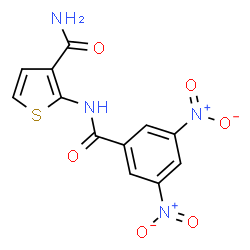 ChemSpider 2D Image | 2-[(3,5-Dinitrobenzoyl)amino]-3-thiophenecarboxamide | C12H8N4O6S