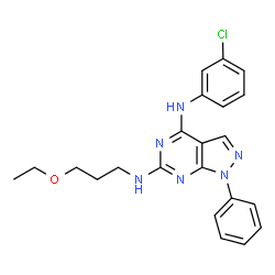 ChemSpider 2D Image | N~4~-(3-Chlorophenyl)-N~6~-(3-ethoxypropyl)-1-phenyl-1H-pyrazolo[3,4-d]pyrimidine-4,6-diamine | C22H23ClN6O