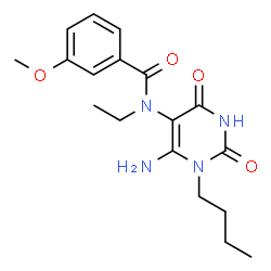 ChemSpider 2D Image | N-(6-Amino-1-butyl-2,4-dioxo-1,2,3,4-tetrahydro-5-pyrimidinyl)-N-ethyl-3-methoxybenzamide | C18H24N4O4