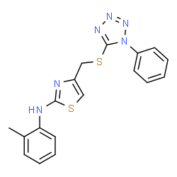 ChemSpider 2D Image | N-(2-Methylphenyl)-4-{[(1-phenyl-1H-tetrazol-5-yl)sulfanyl]methyl}-1,3-thiazol-2-amine | C18H16N6S2