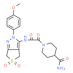 ChemSpider 2D Image | 1-[{[2-(4-Methoxyphenyl)-5,5-dioxido-2,6-dihydro-4H-thieno[3,4-c]pyrazol-3-yl]amino}(oxo)acetyl]-4-piperidinecarboxamide | C20H23N5O6S
