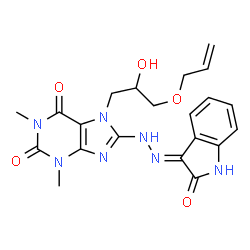 ChemSpider 2D Image | 7-[3-(Allyloxy)-2-hydroxypropyl]-1,3-dimethyl-8-[(2E)-2-(2-oxo-1,2-dihydro-3H-indol-3-ylidene)hydrazino]-3,7-dihydro-1H-purine-2,6-dione | C21H23N7O5