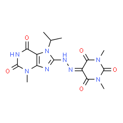 ChemSpider 2D Image | 5-[(2E)-(7-Isopropyl-3-methyl-2,6-dioxo-1,2,3,6,7,9-hexahydro-8H-purin-8-ylidene)hydrazono]-1,3-dimethyl-2,4,6(1H,3H,5H)-pyrimidinetrione | C15H18N8O5