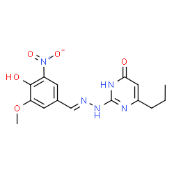 ChemSpider 2D Image | 2-[(2E)-2-(4-Hydroxy-3-methoxy-5-nitrobenzylidene)hydrazino]-6-propyl-4(1H)-pyrimidinone | C15H17N5O5