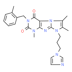 ChemSpider 2D Image | 8-[3-(1H-Imidazol-1-yl)propyl]-1,6,7-trimethyl-3-(2-methylbenzyl)-1H-imidazo[2,1-f]purine-2,4(3H,8H)-dione | C24H27N7O2