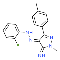 ChemSpider 2D Image | (4E)-4-[(2-Fluorophenyl)hydrazono]-2-methyl-5-(4-methylphenyl)-2,4-dihydro-3H-pyrazol-3-imine | C17H16FN5