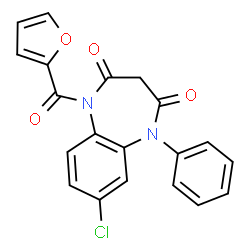 ChemSpider 2D Image | 7-Chloro-1-(2-furoyl)-5-phenyl-1H-1,5-benzodiazepine-2,4(3H,5H)-dione | C20H13ClN2O4