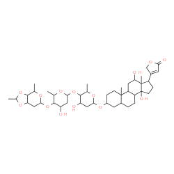 ChemSpider 2D Image | 3-{[2,6-Dideoxy-3,4-O-ethylidenehexopyranosyl-(1->4)-2,6-dideoxyhexopyranosyl-(1->4)-2,6-dideoxyhexopyranosyl]oxy}-12,14-dihydroxycard-20(22)-enolide | C43H66O14