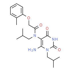 ChemSpider 2D Image | N-[6-amino-1-(2-methylpropyl)-2,4-dioxo-5-pyrimidinyl]-2-(2-methylphenoxy)-N-(2-methylpropyl)acetamide | C21H30N4O4