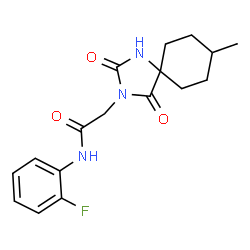 ChemSpider 2D Image | N-(2-Fluorophenyl)-2-(8-methyl-2,4-dioxo-1,3-diazaspiro[4.5]dec-3-yl)acetamide | C17H20FN3O3