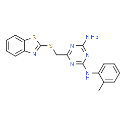 ChemSpider 2D Image | 6-[(1,3-Benzothiazol-2-ylsulfanyl)methyl]-N-(2-methylphenyl)-1,3,5-triazine-2,4-diamine | C18H16N6S2