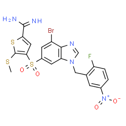 ChemSpider 2D Image | 4-{[4-Bromo-1-(2-fluoro-5-nitrobenzyl)-1H-benzimidazol-6-yl]sulfonyl}-5-(methylsulfanyl)-2-thiophenecarboximidamide | C20H15BrFN5O4S3