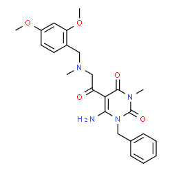 ChemSpider 2D Image | 6-Amino-1-benzyl-5-{[(2,4-dimethoxybenzyl)(methyl)amino]acetyl}-3-methyl-2,4(1H,3H)-pyrimidinedione | C24H28N4O5