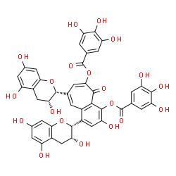 ChemSpider 2D Image | 3-Hydroxy-5-oxo-1,8-bis[(2R,3R)-3,5,7-trihydroxy-3,4-dihydro-2H-chromen-2-yl]-5H-benzo[7]annulene-4,6-diyl bis(3,4,5-trihydroxybenzoate) | C43H32O20