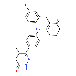 ChemSpider 2D Image | 6-(4-{[2-(3-Iodobenzyl)-3-oxo-1-cyclohexen-1-yl]amino}phenyl)-5-methyl-4,5-dihydro-3(2H)-pyridazinone | C24H24IN3O2