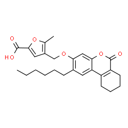 ChemSpider 2D Image | 4-{[(2-Hexyl-6-oxo-7,8,9,10-tetrahydro-6H-benzo[c]chromen-3-yl)oxy]methyl}-5-methyl-2-furoic acid | C26H30O6