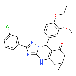 ChemSpider 2D Image | 2-(3-Chlorophenyl)-9-(4-ethoxy-3-methoxyphenyl)-6,6-dimethyl-5,6,7,9-tetrahydro[1,2,4]triazolo[5,1-b]quinazolin-8(1H)-one | C26H27ClN4O3