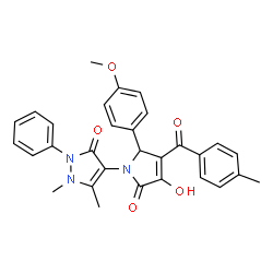 ChemSpider 2D Image | 4-[3-Hydroxy-5-(4-methoxyphenyl)-4-(4-methylbenzoyl)-2-oxo-2,5-dihydro-1H-pyrrol-1-yl]-1,5-dimethyl-2-phenyl-1,2-dihydro-3H-pyrazol-3-one | C30H27N3O5