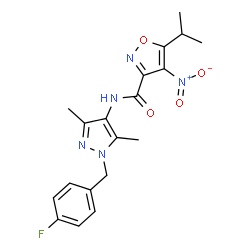 ChemSpider 2D Image | N-[1-(4-Fluorobenzyl)-3,5-dimethyl-1H-pyrazol-4-yl]-5-isopropyl-4-nitro-1,2-oxazole-3-carboxamide | C19H20FN5O4