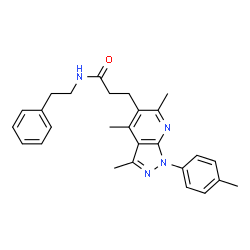 ChemSpider 2D Image | N-(2-Phenylethyl)-3-[3,4,6-trimethyl-1-(4-methylphenyl)-1H-pyrazolo[3,4-b]pyridin-5-yl]propanamide | C27H30N4O