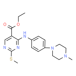 ChemSpider 2D Image | Ethyl 4-{[4-(4-methyl-1-piperazinyl)phenyl]amino}-2-(methylsulfanyl)-5-pyrimidinecarboxylate | C19H25N5O2S