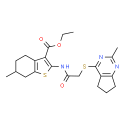 ChemSpider 2D Image | Ethyl 6-methyl-2-({[(2-methyl-6,7-dihydro-5H-cyclopenta[d]pyrimidin-4-yl)sulfanyl]acetyl}amino)-4,5,6,7-tetrahydro-1-benzothiophene-3-carboxylate | C22H27N3O3S2