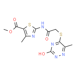 ChemSpider 2D Image | Methyl 4-methyl-2-({[(6-methyl-3-oxo-2,3-dihydro-1,2,4-triazin-5-yl)sulfanyl]acetyl}amino)-1,3-thiazole-5-carboxylate | C12H13N5O4S2