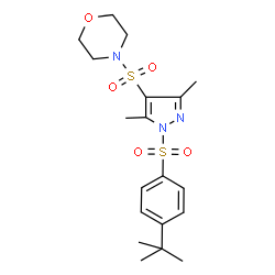 ChemSpider 2D Image | 4-[(3,5-Dimethyl-1-{[4-(2-methyl-2-propanyl)phenyl]sulfonyl}-1H-pyrazol-4-yl)sulfonyl]morpholine | C19H27N3O5S2