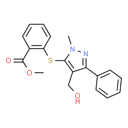 ChemSpider 2D Image | Methyl 2-{[4-(hydroxymethyl)-1-methyl-3-phenyl-1H-pyrazol-5-yl]sulfanyl}benzoate | C19H18N2O3S