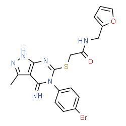 ChemSpider 2D Image | 2-{[5-(4-Bromophenyl)-4-imino-3-methyl-4,5-dihydro-1H-pyrazolo[3,4-d]pyrimidin-6-yl]sulfanyl}-N-(2-furylmethyl)acetamide | C19H17BrN6O2S