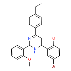 ChemSpider 2D Image | 4-Bromo-2-[6-(4-ethylphenyl)-2-(2-methoxyphenyl)-2,3,4,5-tetrahydro-4-pyrimidinyl]phenol | C25H25BrN2O2