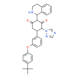 ChemSpider 2D Image | 5-{3-[4-(2-Methyl-2-propanyl)phenoxy]phenyl}-2-(1,2,3,4-tetrahydro-1-isoquinolinyl)-4-(1H-1,2,4-triazol-1-yl)-1,3-cyclohexanedione | C33H34N4O3
