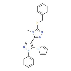 ChemSpider 2D Image | 3-(Benzylsulfanyl)-4-methyl-5-[1-phenyl-5-(1H-pyrrol-1-yl)-1H-pyrazol-4-yl]-4H-1,2,4-triazole | C23H20N6S