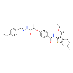 ChemSpider 2D Image | Ethyl 2-{[4-({1-[(2E)-2-(4-isopropylbenzylidene)hydrazino]-1-oxo-2-propanyl}oxy)benzoyl]amino}-6-methyl-4,5,6,7-tetrahydro-1-benzothiophene-3-carboxylate | C32H37N3O5S