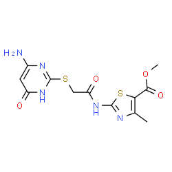 ChemSpider 2D Image | Methyl 2-({[(4-amino-6-oxo-1,6-dihydro-2-pyrimidinyl)sulfanyl]acetyl}amino)-4-methyl-1,3-thiazole-5-carboxylate | C12H13N5O4S2
