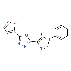 ChemSpider 2D Image | 2-(2-Furyl)-5-(5-methyl-1-phenyl-1H-1,2,3-triazol-4-yl)-1,3,4-oxadiazole | C15H11N5O2