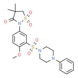 ChemSpider 2D Image | 2-{4-Methoxy-3-[(4-phenyl-1-piperazinyl)sulfonyl]phenyl}-4,4-dimethyl-1,2-thiazolidin-3-one 1,1-dioxide | C22H27N3O6S2