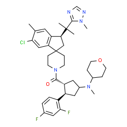 ChemSpider 2D Image | {(3S)-6-Chloro-5-methyl-3-[2-(1-methyl-1H-1,2,4-triazol-5-yl)-2-propanyl]-2,3-dihydro-1'H-spiro[indene-1,4'-piperidin]-1'-yl}{(1R,2R)-2-(2,4-difluorophenyl)-4-[methyl(tetrahydro-2H-pyran-4-yl)amino]cy
clopentyl}methanone | C38H48ClF2N5O2