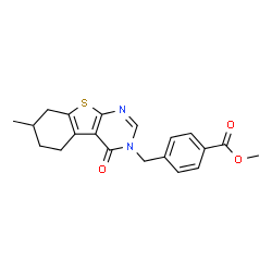 ChemSpider 2D Image | Methyl 4-[(7-methyl-4-oxo-5,6,7,8-tetrahydro[1]benzothieno[2,3-d]pyrimidin-3(4H)-yl)methyl]benzoate | C20H20N2O3S