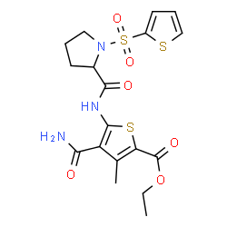 ChemSpider 2D Image | Ethyl 4-carbamoyl-3-methyl-5-{[1-(2-thienylsulfonyl)prolyl]amino}-2-thiophenecarboxylate | C18H21N3O6S3