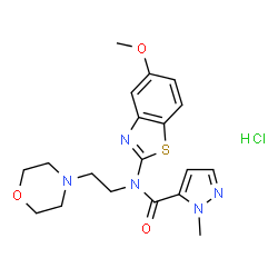 ChemSpider 2D Image | N-(5-Methoxy-1,3-benzothiazol-2-yl)-1-methyl-N-[2-(4-morpholinyl)ethyl]-1H-pyrazole-5-carboxamide hydrochloride (1:1) | C19H24ClN5O3S