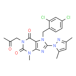 ChemSpider 2D Image | 7-(2,4-Dichlorobenzyl)-8-(3,5-dimethyl-1H-pyrazol-1-yl)-3-methyl-1-(2-oxopropyl)-3,7-dihydro-1H-purine-2,6-dione | C21H20Cl2N6O3