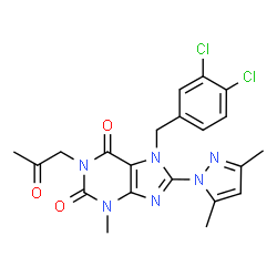 ChemSpider 2D Image | 7-(3,4-Dichlorobenzyl)-8-(3,5-dimethyl-1H-pyrazol-1-yl)-3-methyl-1-(2-oxopropyl)-3,7-dihydro-1H-purine-2,6-dione | C21H20Cl2N6O3